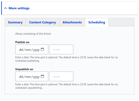 Gutenberg Article+ and Newsletter More Settings Scheduling Tab