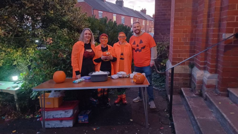 Helen, Beci, Sam and Tom welcoming folk to event